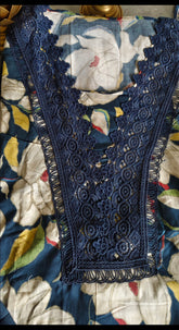Pure Cotton Printed Unstitched Suit Set with crochia lacing rayon bottom n muslin digital print dupatta  – 3PC Set